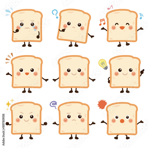 食パンのキャラクターイラスト　表情セット／Cute White Bread Character Illustration – Expression Set