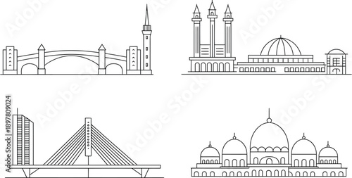 Clean line art designs of notable bridges, European architecture and modern buildings