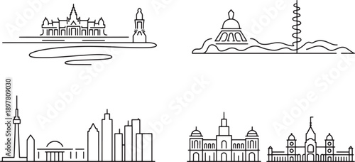 Collection of famous skylines including bangkok washington and toronto city landmarks in thin line style