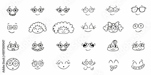 Collection of charming hand drawn faces with various expressions and accessories