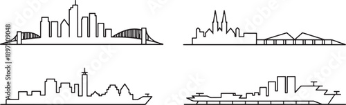 Collection of four distinct vector city skylines featuring bridges and various building silhouettes and shapes