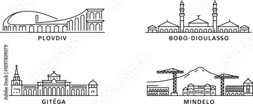 Eastern european and african cityscapes including plovdiv bobo-dioulasso gitega and mindelo outline set