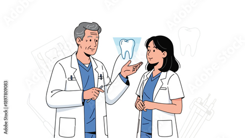 Illustration of a male and female dentist discussing a tooth model in white lab coats with blue scrubs on a clean white background.