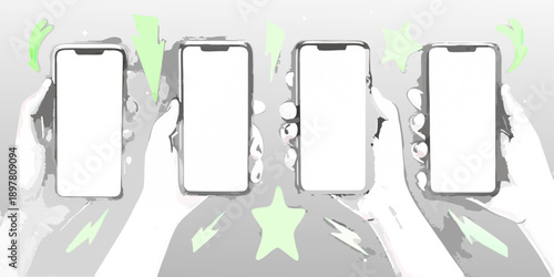 Four smartphones held aloft by hands with green star accents