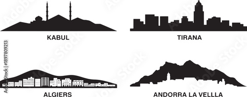 International city skyline silhouettes of Kabul Tirana Algiers and Andorra La Vellla isolated