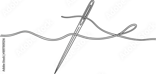 A close-up illustration of a sewing needle threading with a loose string, symbolizing craft and creation
