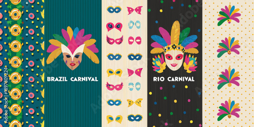 A colorful pattern featuring carnival masks feathers and polka dots