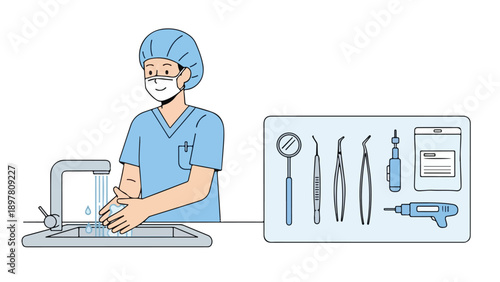 A dentist in blue scrubs and a mask washing hands with dental tools on a tray nearby against a clean background.