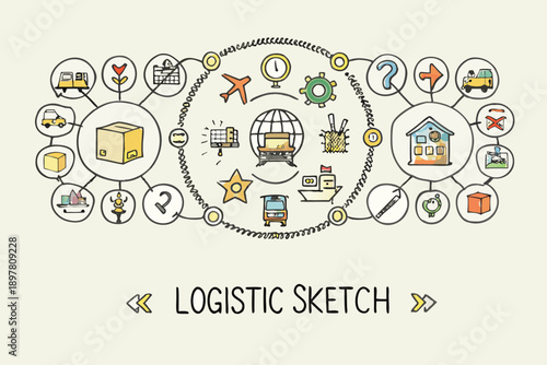 Logistics concept illustration with hand drawn icons and a central package