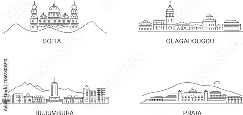 Line art cityscapes of Sofia, Ouagadougou, Bujumbura, Praia with unique architectural styles