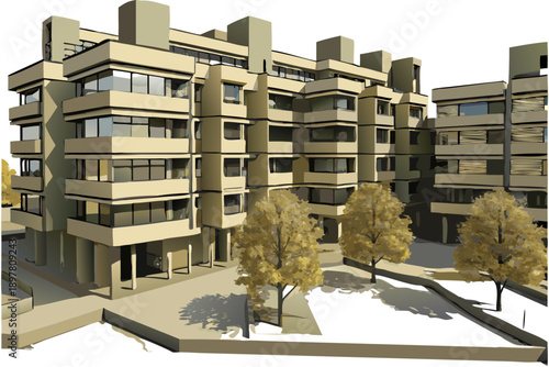 Architectural rendering of a modern multi level apartment building with surrounding trees