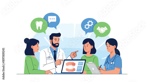 Dentist and team discussing dental health with a tablet in a modern office setting with a professional mood.