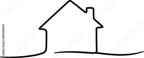 Simple outline drawing of a house with a chimney and wavy ground line, representing home or real estate