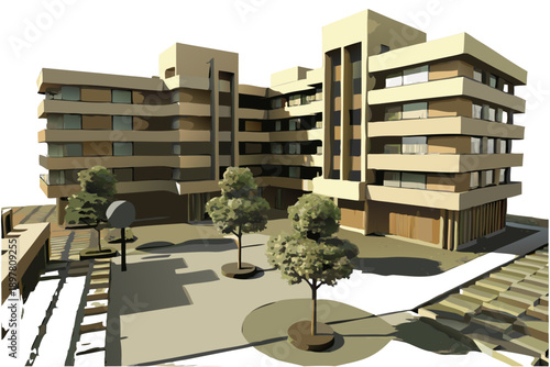 Modern architectural rendering of a multi story building with landscaping