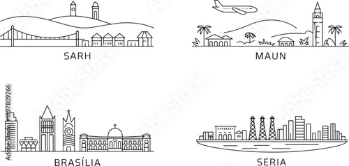 Line art skylines of Sarh, Maun, Brasilia, Seria representing city landmarks and travel