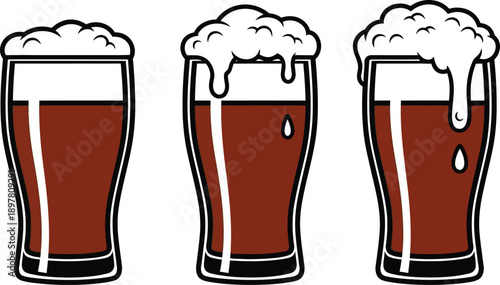 Frothy Dark Beer Glasses with Creamy Head and Dripping Foam, a Refreshing Beverage Illustration Set
