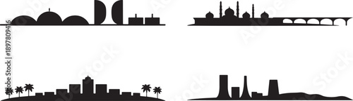 Set of 4 silhouettes of world famous skylines icons collection isolated on transparent background