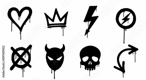 Set of black graffiti style icons with dripping paint effect, including heart, crown, lightning, skull, devil, and forbidden signs.