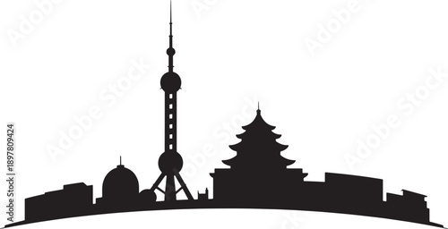 Shanghai city skyline silhouette featuring oriental pearl tower and historical temple buildings