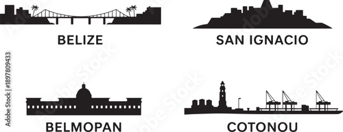 Silhouette cityscapes from belize san ignacio belmopan and cotonou isolated landmarks illustration