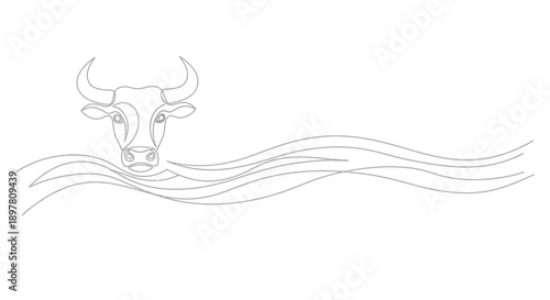 Continuous Line Art Illustration of a Bull's Head Emerging from Stylized Waves, Symbolizing Strength and Nature