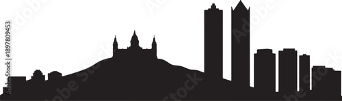 Silhouette of modern city skyline with skyscrapers and prominent central structure on transparent background