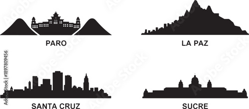 Silhouette skyline set featuring parot la paz santa cruz and sucre cityscapes isolated on white