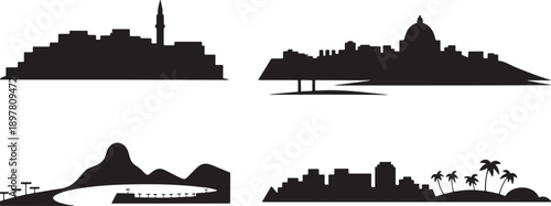 Silhouetted city skylines and famous mountain landmarks on transparent backgrounds