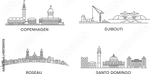 Skylines of copenhagen djibouti roseau and santo domingo outline vector depicting world famous sights