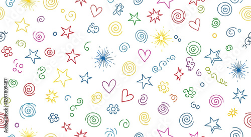 A vibrant and playful seamless pattern featuring an assortment of colorful hand-drawn doodles like stars, hearts, and spirals on a white background.