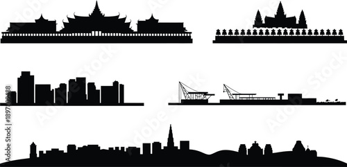 Southeast Asian landmark silhouettes including temples and industrial harbor port facilities