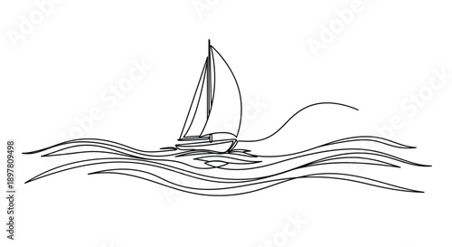 Minimalist line art illustration of a sailboat navigating wavy waters, symbolizing freedom and adventure