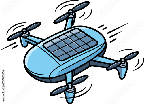 Cartoon illustration of a light blue drone with solar panels on its top, flying through the air.