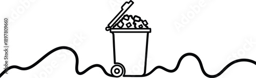 A trash can overflowing with garbage on a wavy ground line, representing waste and disposal