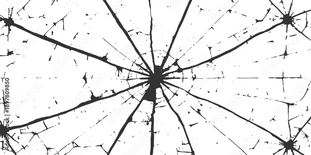 Obraz premium A vintage grunge vector illustration featuring a black ink splat over broken glass patterns with a wind rose compass and dandelion star design on a black and white map background