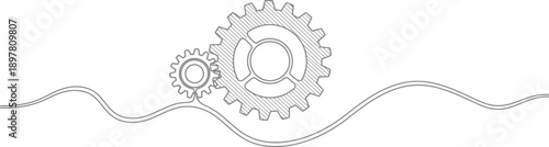 Seamless one-line illustration of connected cogs on an undulating path, representing synergy and mechanical progress