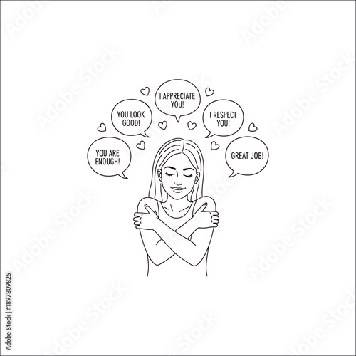 Woman embracing herself with positive affirmations illustration