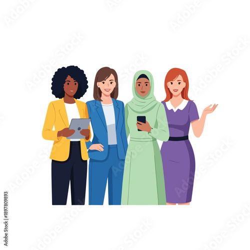 A diverse group of four women, including one in a hijab, standing together in a cute and cartoon style with a vibrant color palette against a clean white background.