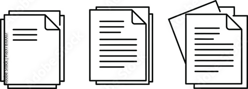 Vector Line Art Icons Stacked Documents, Fanned Papers, and Organized Files for Data Management and Office Concepts