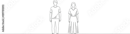 Illustration of a young man and woman standing side-by-side, depicted in a minimalist line art style