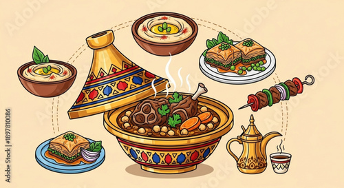 Traditional moroccan food and drinks arranged on table with tagine dish