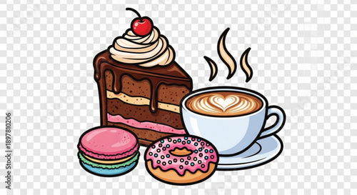 Delicious assorted sweet treats and steaming cup of coffee on a saucer