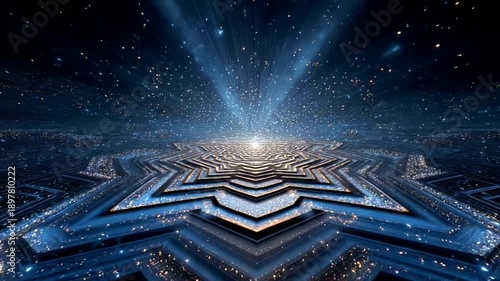 Futuristic Star Shaped Platform with Cosmic Light Rays and Stars.