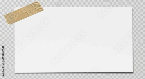 Blank white paper note with a piece of brown tape in the top left corner, against a transparent checkered background.