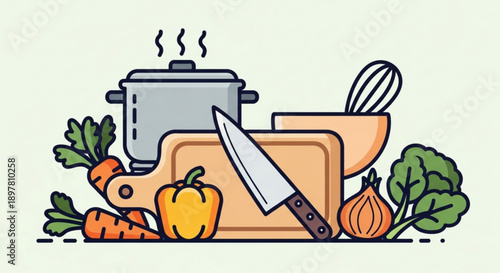 Kitchen utensils and vegetables on a cutting board with a knife and pot