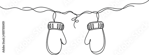 Flowing continuous line art depicting a pair of warm winter mittens hanging from a decorative string, perfect for festive season designs