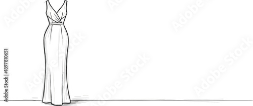 Elegant Line Art Illustration of a Floor-Length V-Neck Gown, Ideal for Fashion Design and Special Occasion Apparel Concepts