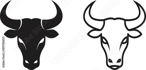Bold and powerful bull head graphic vector illustration in black silhouette and outline styles