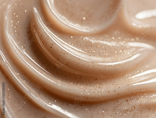 Close up of swirling beige cosmetic cream  with fine golden glitter particles
