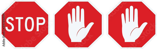 Red octagonal stop and warning signs set, illustrating traffic control with text and open hand gesture icons for road safety